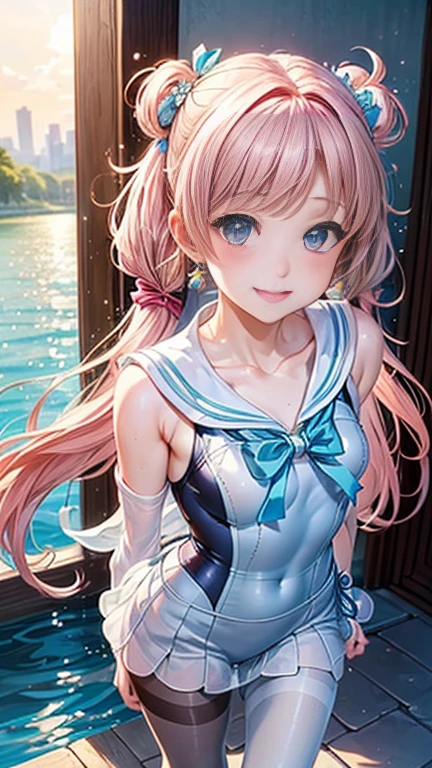 Anime girl with pink hair and a ribbon in her hair, Cute realistic portrait, 、Gweitz, Magical Girl Portrait, Cute Characters, Cute art style, Anime Moe Art Style, MapleStory character art, cute portrait, Cute Anime Girl Portrait, Small person portrait, artwork in the style of Gweitz, Splash Art Anime ,((green、light blue、See-through sailor one-piece swimsuit、Wearing a blouse over her swimsuit、pantyhose、White mini skirt))、Cute Earrings、Long Hair Twin Tail、bird、Wind、smile、Embarrassed face、Embarrassing