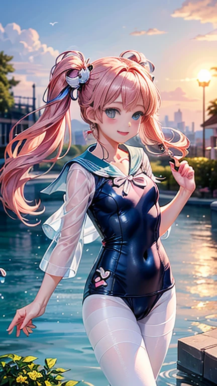 Anime girl with pink hair and a ribbon in her hair, Cute realistic portrait, 、Gweitz, Magical Girl Portrait, Cute Characters, Cute art style, Anime Moe Art Style, MapleStory character art, cute portrait, Cute Anime Girl Portrait, Small person portrait, artwork in the style of Gweitz, Splash Art Anime ,((green、light blue、See-through sailor one-piece swimsuit、Wearing a blouse over her swimsuit、pantyhose、White mini skirt))、Cute Earrings、Long Hair Twin Tail、bird、Wind、smile、Embarrassed face、Embarrassing
