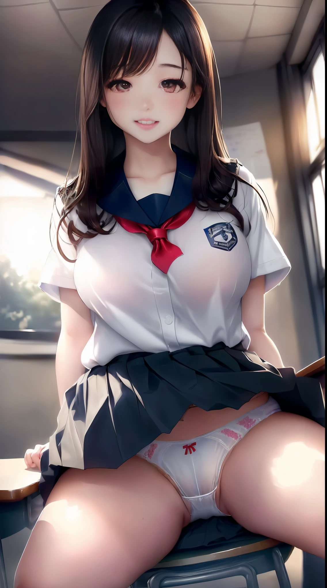 最high quality、high quality、Best image quality、8k、最High resolution、High resolution、最high quality、masterpiece、Detailed and realistic human body、Dense and realistic skin、Realistic face in every detail、Realistic reproduction of every detail、Detailed and realistic lips、Detailed and realistic teeth、Detailed and realistic ears、Detailed and realistic hair、Detailed and realistic arms、Realistic reproduction of every detail、Realistic fingers in every detail、(Beautiful Hands、thumb1reference4)、Realistic feet down to the last detail、(Beautiful Japanese Girl))、(Japanese Model), (Japanese women)、((18 year old beautiful girl))、(Black Hair)、(Random Hairstyles)、(sexy look)、((whole body))、((Beautiful upward-facing breasts))、(Slim Style)、(whole body光沢肌、Fair skin))、(Elementary school classroom、Junior high school classroom、High school classroom、lecture room)、(Soft lighting)、((school uniform、School Sailor Uniform、School Blazer、female teacher、School Skirt、Short sailor suit、mini skirt、White sneakers、Crop top sailor suit、、, blazer、, collared shirts, white shirts, short sleeve, tie, short skirt))、((Skirt flip(Please lift your skirt))、(Sexy see-through panty look)、(Sexy lace panties are visible)、(Sexy mesh panties are visible)、((Squatting on bent knees in the classroom(Spread your legs wide))、((Poses to make your thighs look beautiful))、Angle from below