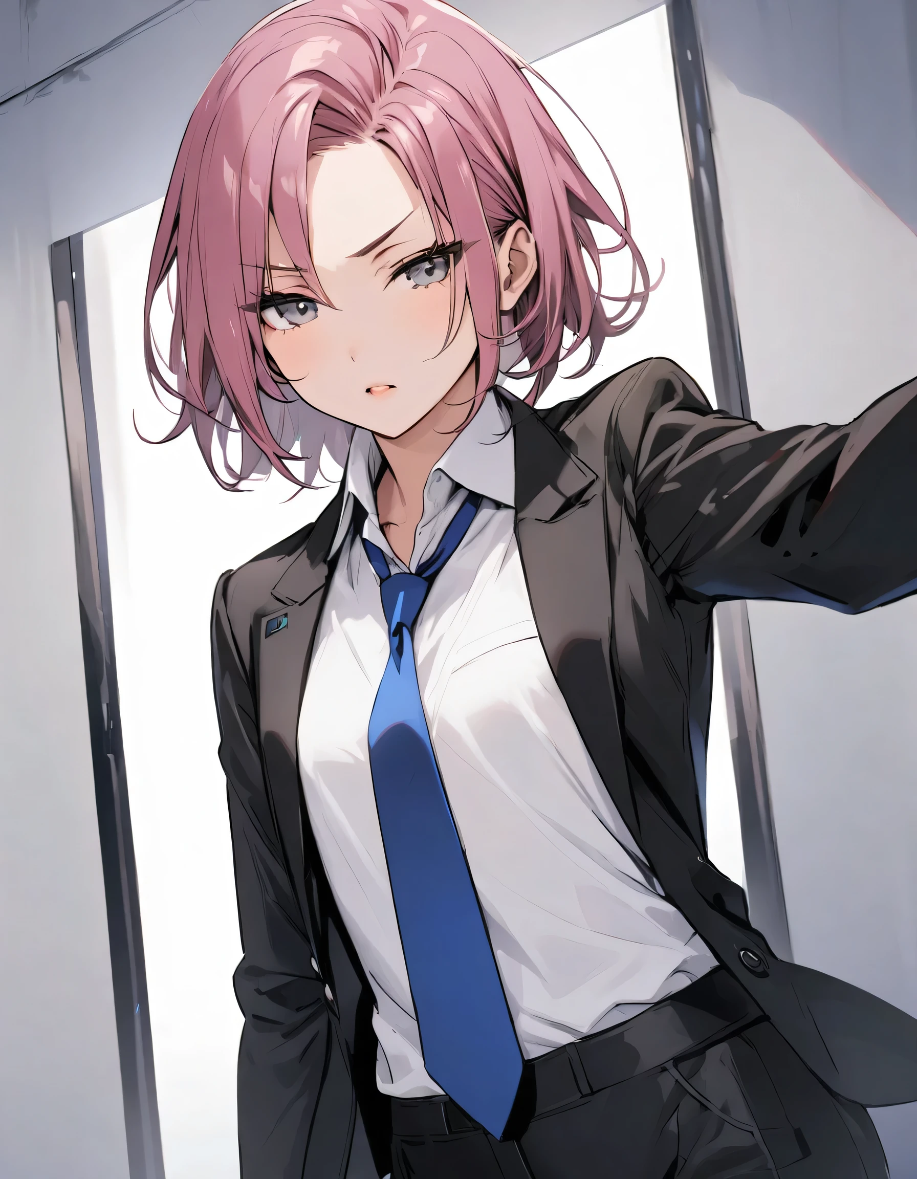 solo,woman,Athlete,Very short hair,dark pink hair,hair slicked back、slant eyes、gray eyes、angle eyebrows,[flat chest]、BREAK、black suit over white shirt、black pants,blue necktie:0.7,Black Leather Gloves、BREAK、upper body shot、half-closed eyes,decision、POV、