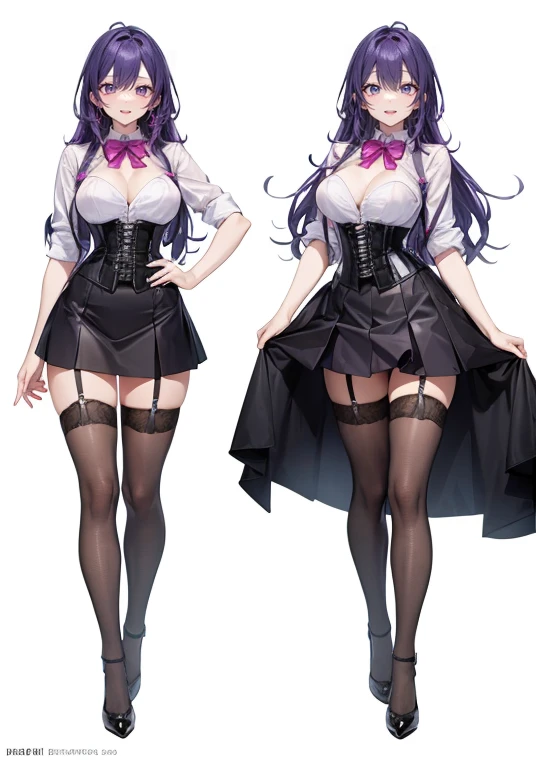 Purple hair,Long hair,Adult female,Bartender,((Body harness)),((Rolling up your sleeves shirt)),(Corset),(Tight skirt),Garter belt,High heels,((Simple background)),Smile,((Full body)),((whole body)),Character Sheet,
