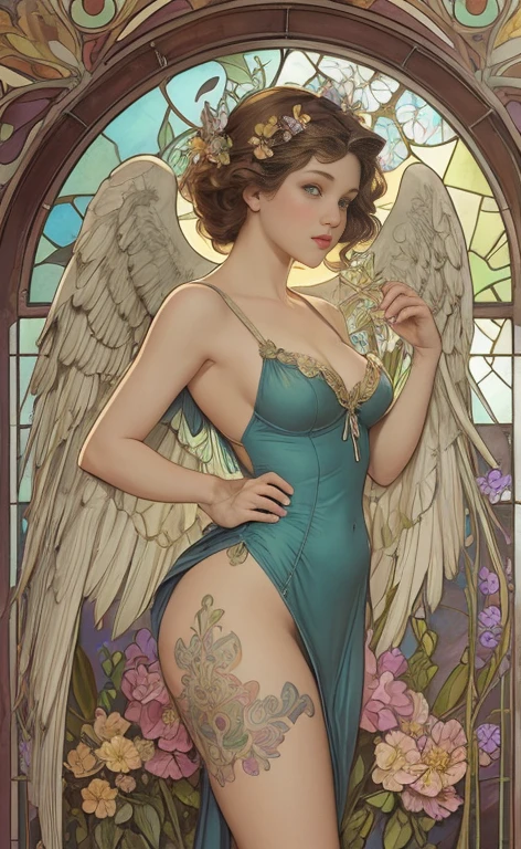 best quality, vetorial art,Stained glass, beautiful vintage pinup woman,open angel wings,alphonse mucha style,Intricate flowery background