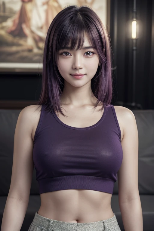 80's_jiaopian ((realistic)), ((photorealistic)),((high-res, masterpiece, best quality, cinema lighting)), masterpiece, best quality:1.2), upper body, solo, 1girl, smile, closed mouth, masterpiece, best quality, 4k, photograph, cinemtaic lighting, modelshoot, perfect lighting, perfect detailed face, professional photoshoot, masterpique y cropece, best quality,centered, BlairSE, 1girl, solo, purple_hair, crop top, navel , split bangs, micro skirt,