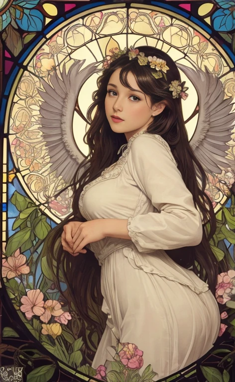 best quality, vetorial art,Stained glass, beautiful vintage pinup woman,determinated face expression,big open angel wings,alphonse mucha style,Intricate flowery background