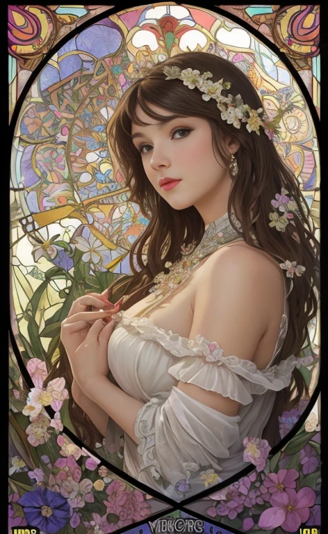 best quality, vetorial art,Stained glass, beautiful vintage pinup woman,determinated face expression,big open angel wings,alphonse mucha style,Intricate flowery background