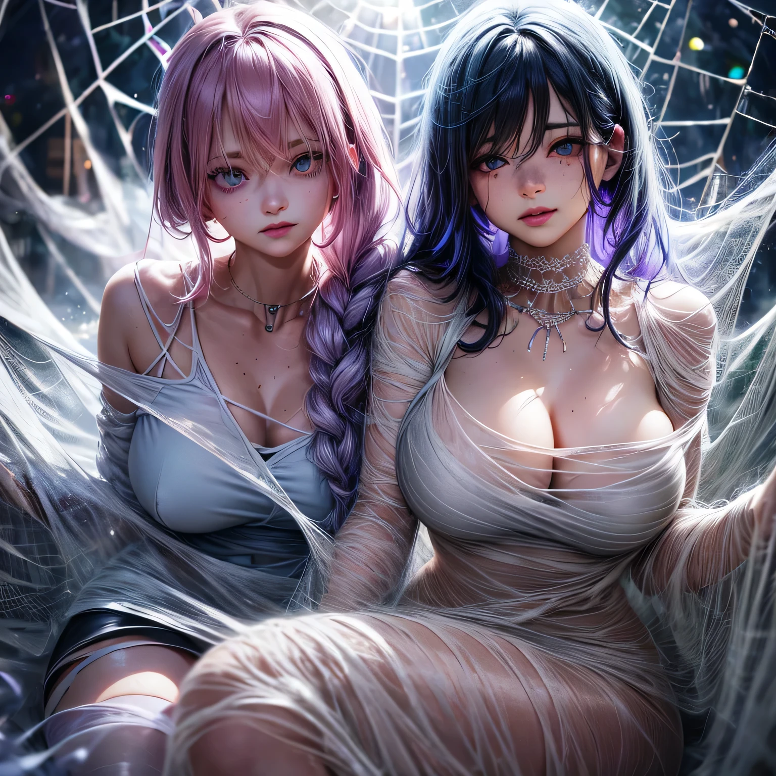 helplessly entangled in the spider's web(long lavender colored hair with a single braid accent),(grey colored eyes),(youthful freckles over nose), (anime) in bar, (choker necklace), (mischievous troublemaker), (sh44r) ,(bar setting). (best quality, 4k, highres, masterpiece:1.2), (ultra-detailed), (realistic, photorealistic:1.37), (vivid colors), (portrait), (bokeh), (soft lighting) full body photo,spider web,cocoon