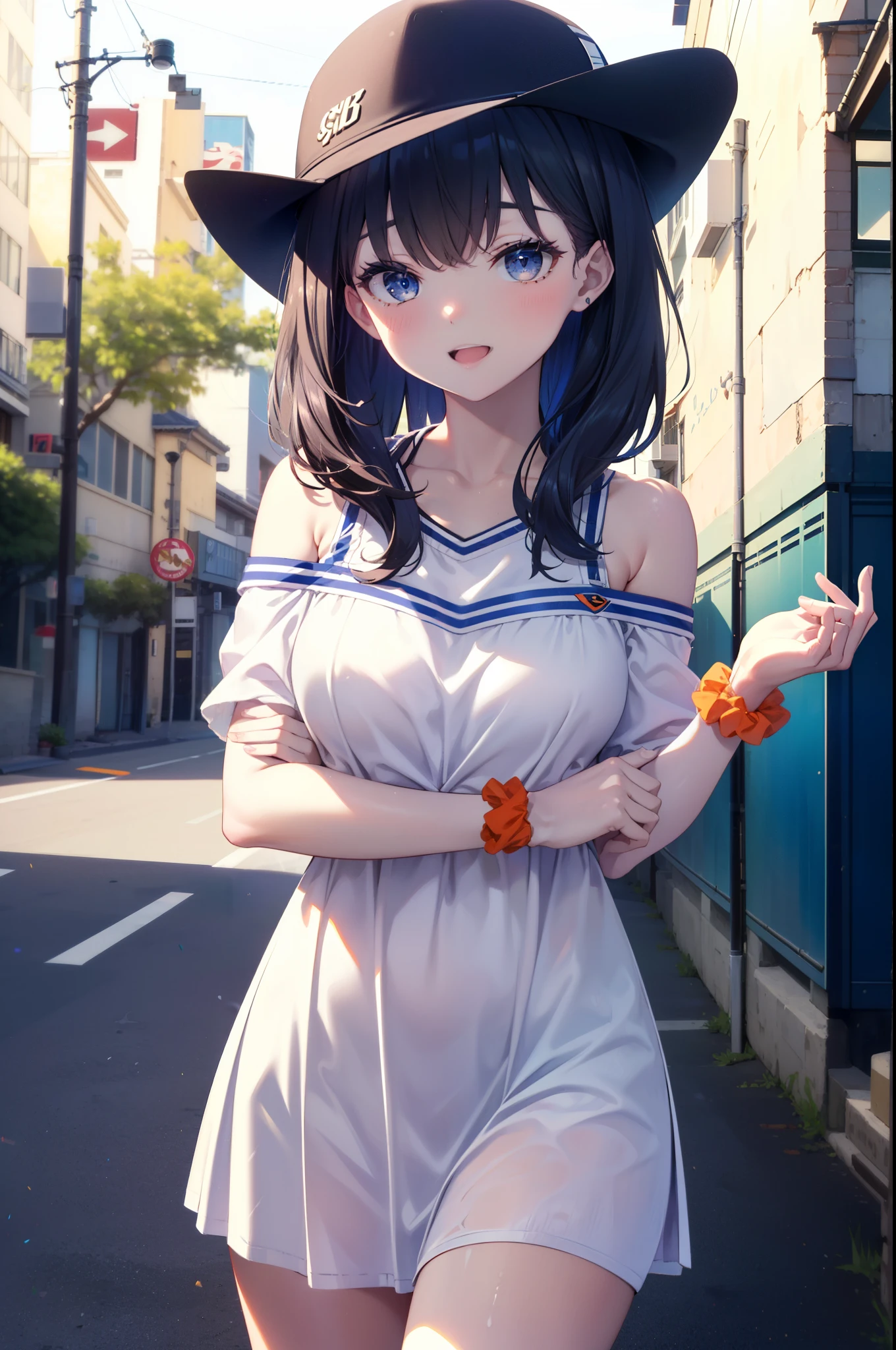 Rikka body, rikka takarada, Black Hair, blue eyes, Long Hair, orange Scrunchie, Scrunchie, wrist Scrunchie,Off-the-shoulder sleeveless dress,Bare shoulders,Bare neck,Bare arms,bare clavicle,Long skirt,sneakers,Baseball hats,happy smile, smile, Open your mouth,whole bodyがイラストに入るように,
break outdoors, Coastal Road,
break looking at viewer,whole body, (Cowboy Shot:1.5),
break (masterpiece:1.2), highest quality, High resolution, unity 8k wallpaper, (figure:0.8), (Beautiful fine details:1.6), Highly detailed face, Perfect lighting, Highly detailed CG, (Perfect hands, Perfect Anatomy),