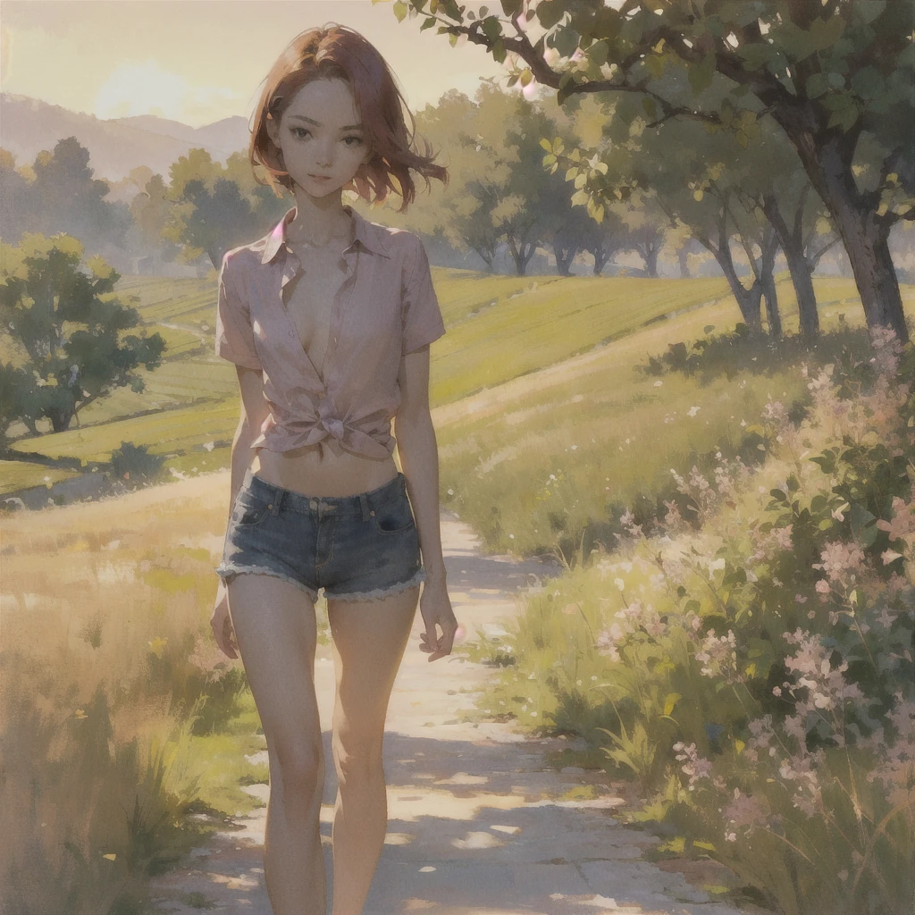 Beautiful slender thin exquisite () girl 16 yh a perfect face of the southern type with short burgundy hair with delicate beautiful expressive breasts with tenples barefoot with bs ((with red pubic hairs)) ((in an unbuttoned open pink shirt over his naked body and short burgundy s)) walks along a brick road in the middle of a flowering field (with a glass of wine), in a gentle watercolor style, Discreet shades, sfumato, haze, diffused dim light, delicate mint shades, imitation of film photography, (olive and grape groves, Brick Road), (High image quality, Maximum detail), (sunset lighting, Warm evening shades, warm golden and olive sunset light)