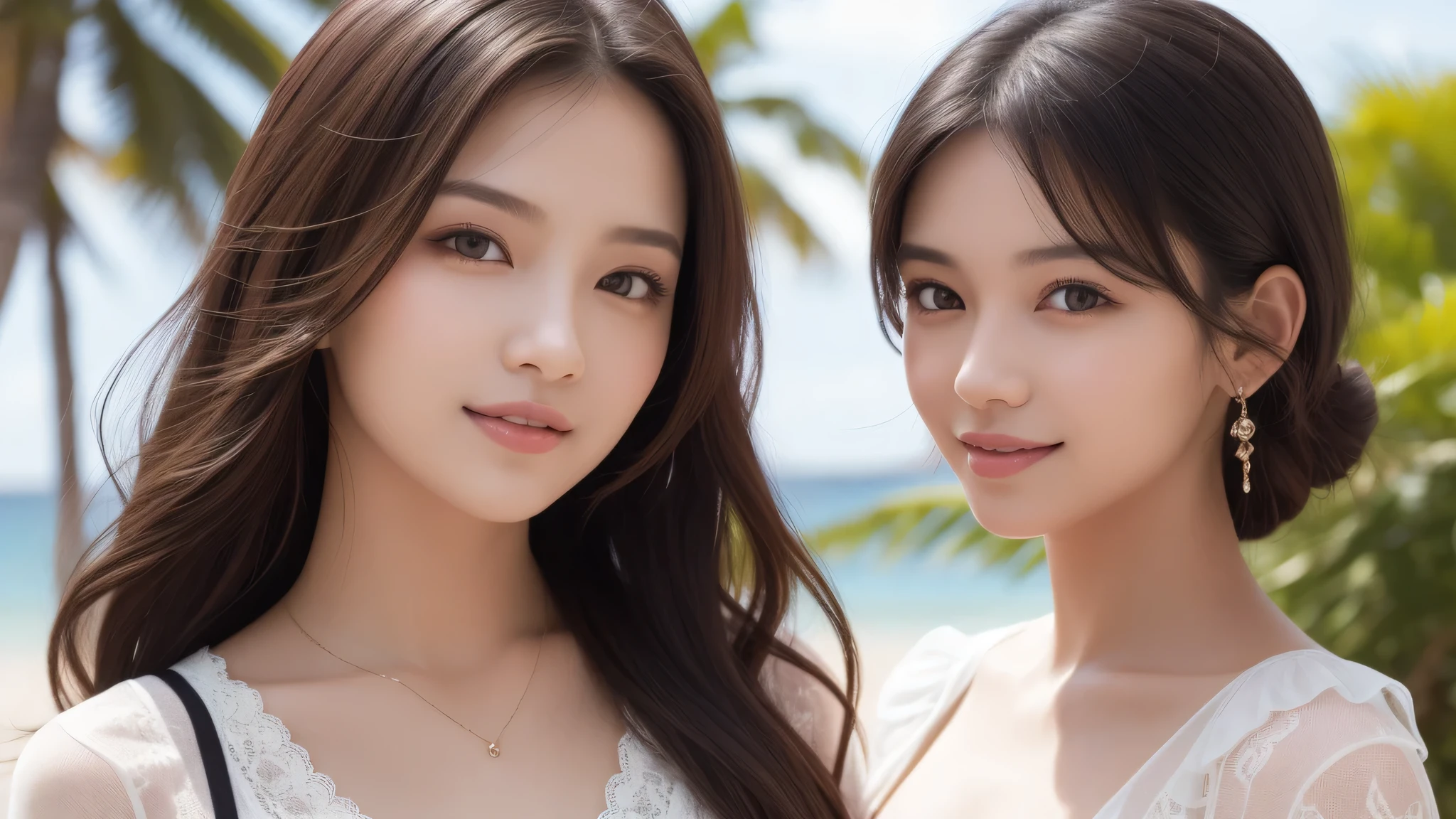 (2girl), nice smile, (Transparent lace clothes with cute frills:1.2), ribbon, sexy look, (Best Quality:1.4), (Ultra-detailed), (extremely detailed beautiful face), brown eyes, (highly detailed Beautiful face), (extremely detailed CG unified 8k wallpaper), Highly detailed, High-definition raw color photos, Professional Photography, Realistic portrait, Extremely high resolution, beach, Palm tree, (Fine face:1.2), sunny day