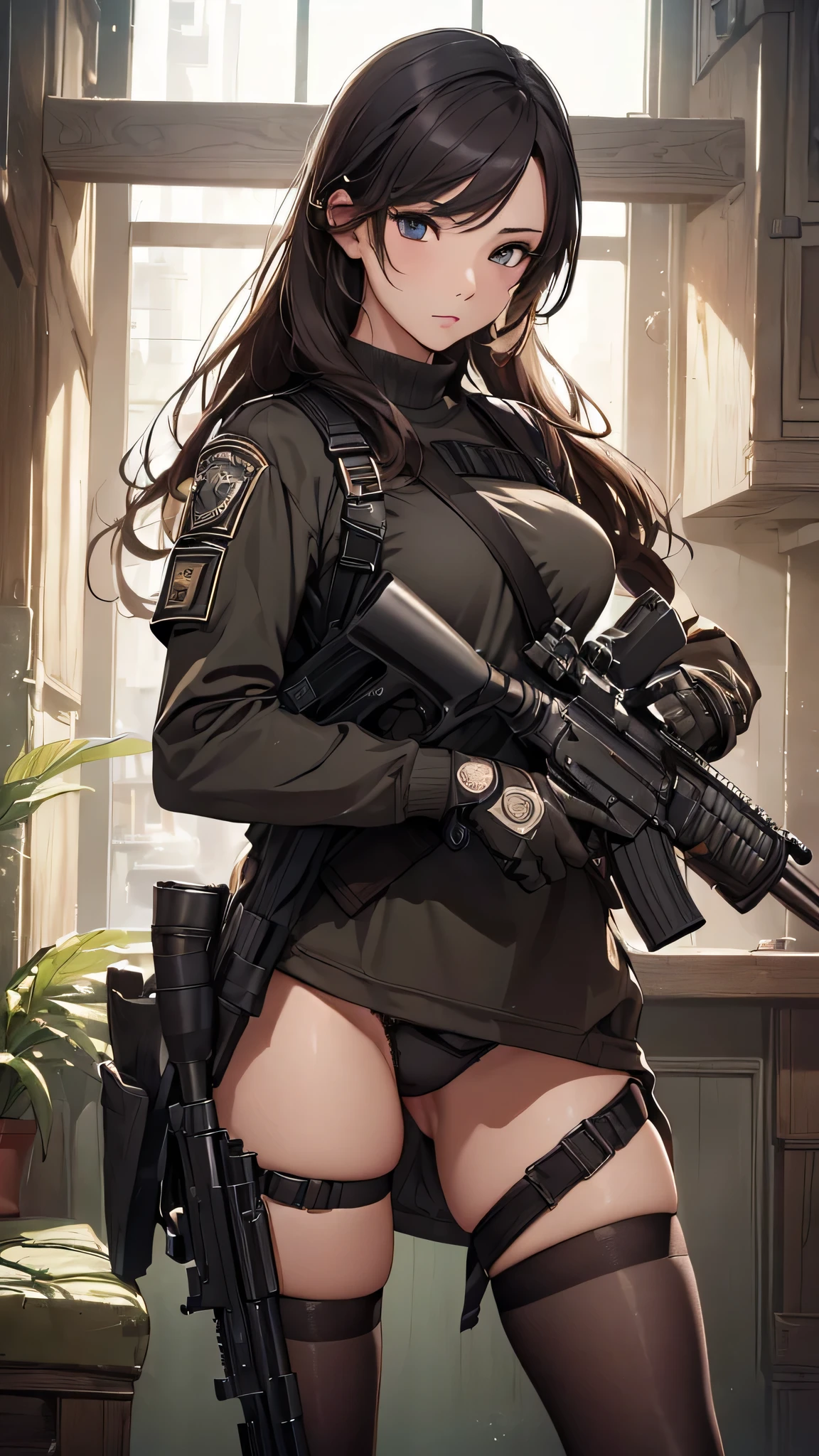 (((masterpiece))),(((High resolution)))、(((8K quality)))、(((perfect face)))、(((woman having the rifle))), ((panty)), look at the camera, ((top quality eyes)), ((detailed texture))