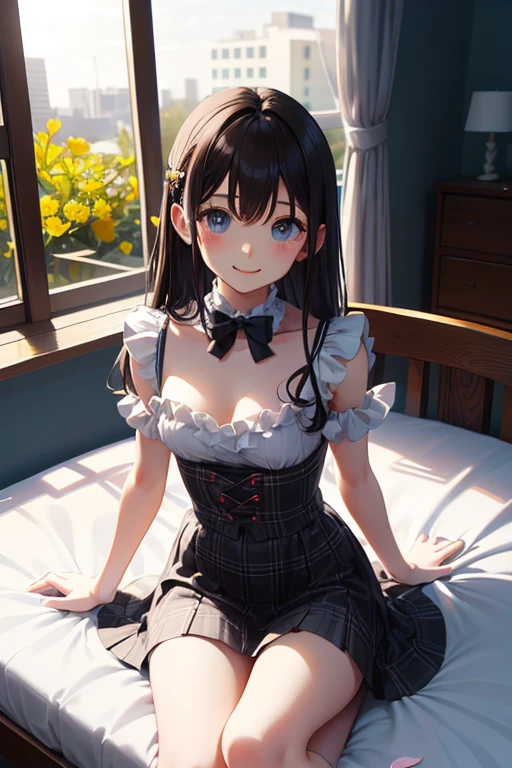 masterpiece, highest quality, One Girl, Nogizaka_Costume, Thighs, beautiful girl, Flowers, Lots of small petals, View your audience, Small waist, Official Art, RAWphotograph,Hands are precise、Face Light, Dynamic Lighting, Cinema Lighting, Ultra-realistic, High resolution, photograph, Sharp focus, Most detailed, Very detailed, Very detailed, In detail, Very detailed目と顔,masterpiece, highest quality, photograph,One Girl, Nogizaka_Costume, Thighs, beautiful girl,View your audience, Small waist,Symmetrical face, RAWphotograph, High resolution, Anime Style, Sharp focus, Most detailed, Very detailed, Very detailed, In detail, Very detailed目と顔、whole body、Tartan check micro mini skirt、Knee socks、Cleavage、Tomboy、Large Breasts、smile、Sleep on your back、Embarrassing、smile、Long Hair、赤いKnee socks、はだけたThighs、Beautiful belly button、美しいCleavage、sofa、Lying down、Sleep on your back