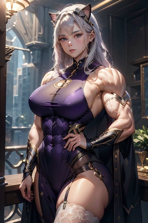 (best lighting) , (Extremely complex and detailed) , 4K unified, (Super detailed CG: 1.2) , (8k: 1.2),(original), (masterpiece) , (best quality),(masterpiece:1.4),Anime-like high quality,(masterpiece),masterpiece, Super clear picture quality,clearer than,(delicate face)best quality, absurd,((peace master, 4K, 8k, Yes, high resolution)) A female bodybuilder short white hair, purple eyes, cat ears, superhero uniform, open torso