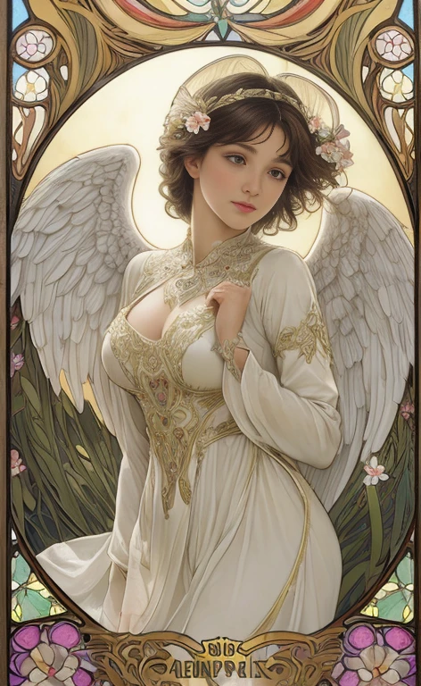 best quality, vetorial art,Stained glass, beautiful vintage woman,determinated face expression,(((big open angel wings))),alphonse mucha style,Intricate flowery background