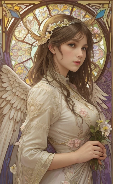 (best quality:1.2,vetorial art:1.1,Stained glass,beautiful vintage woman,determined face expression,(big open angel wings:1.1),alphonse mucha style,Intricate flowery background,vivid colors,warm tone,soft lighting)