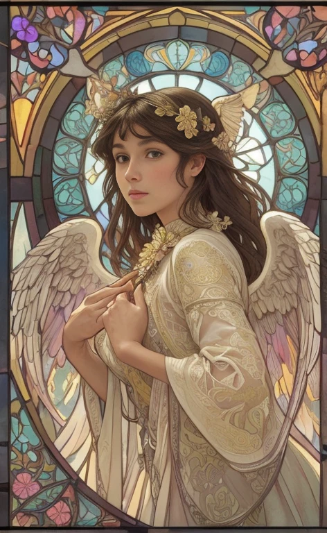 (best quality:1.2,vetorial art:1.1,Stained glass,beautiful vintage woman,determined face expression,(big open angel wings:1.1),alphonse mucha style,Intricate flowery background,vivid colors,warm tone,soft lighting)