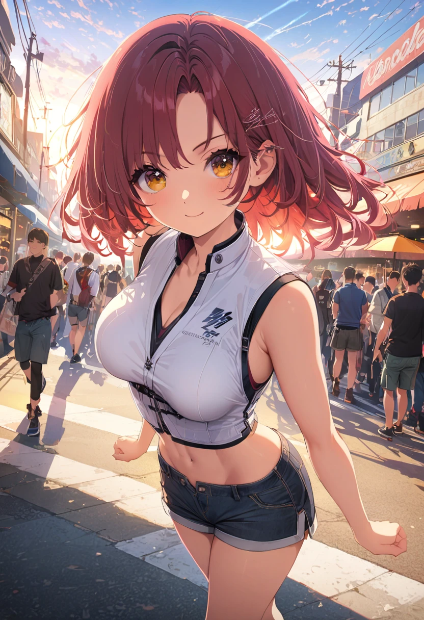 ((Center of chest, Tomboy, Small Head)), Dawn, sunlight, (Defined Abs: 1.1), (Perfect body: 1.1), (Short Wavy Hair: 1.2), Auburn Hair, Full body photo, Crowded street, Wearing a white vest, ((Shorts)), (Very detailed CG 8k 壁紙), (Very delicate and beautiful), (masterpiece), (highest quality: 1.0), (ultra-High resolution: 1.0), Beautiful lighting, Perfect Lightning, Realistic Shadows, [High resolution], Delicate skin, Very detailed, Cute Smile