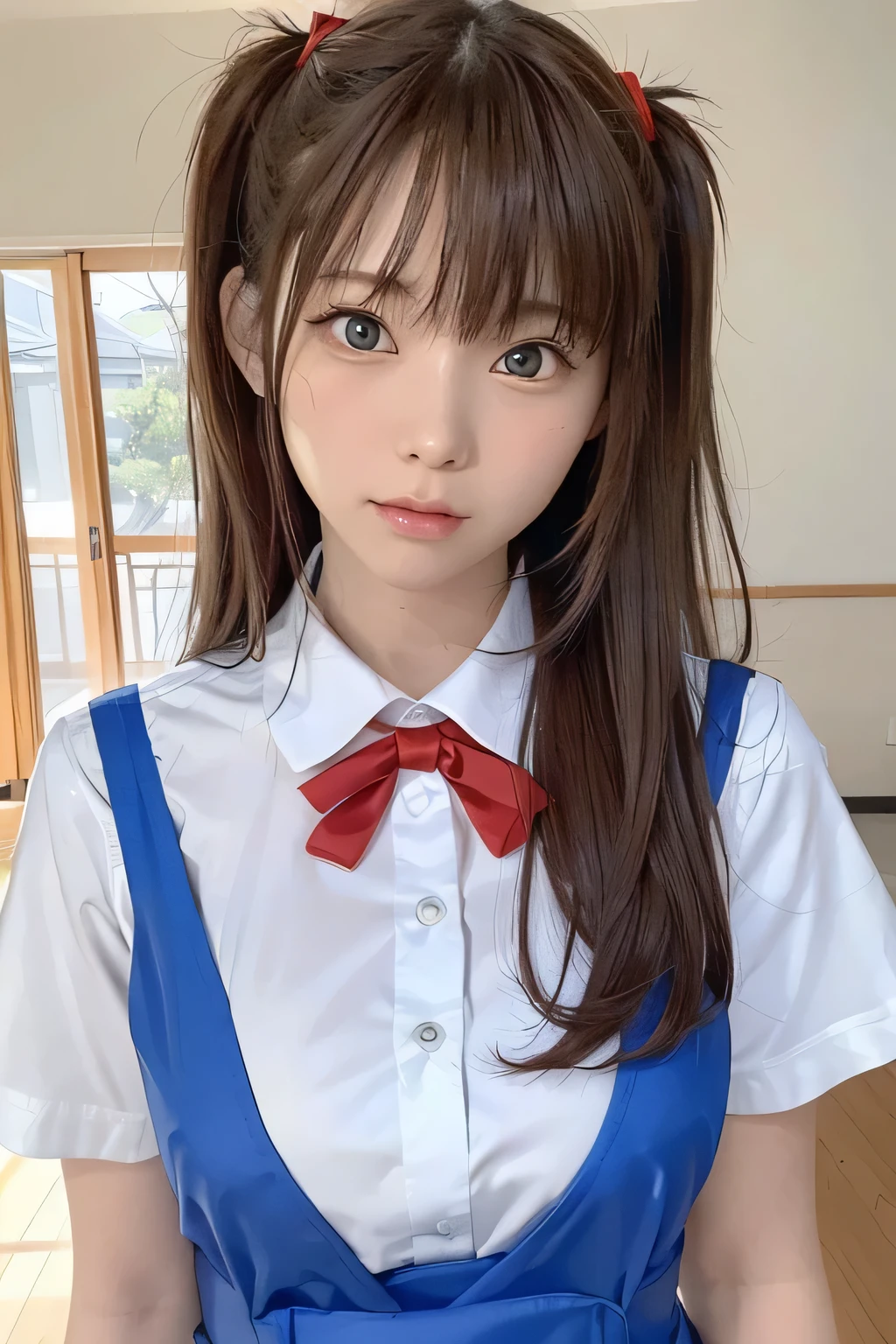 ((((Asuka Langley Soryu uniform))))、8K、highest quality、1 Girl、(14 years old)、(Face shot close up:1.45)、Flat Body、cute、blue eyes、headgear、Interface Headset、((Crazy Long Hair))、(((3rd New Tokyo Municipal Daiichi Junior High School Uniform)))、((Red ribbon、White shirt、Blue suspenders、School clothes))、(Beautiful fine details:1.4)、Highly detailed face、Perfect lighting、Highly detailed CG、(Perfect hands、Perfect Anatomy)、Classroom Background