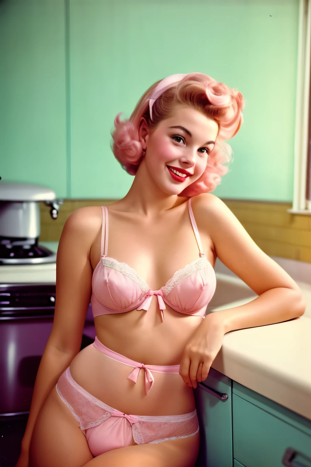 Portrait of a beautiful young housewife, smiling, wearing a pastel sexy micro pink lingerie, nsfw, The picture is taken with an analog camera in the 1950s, Photo by William Eggleston, 50s look, highly detailed, slightly washed out pastel color, slightly blurred, slightly grainy, film photography