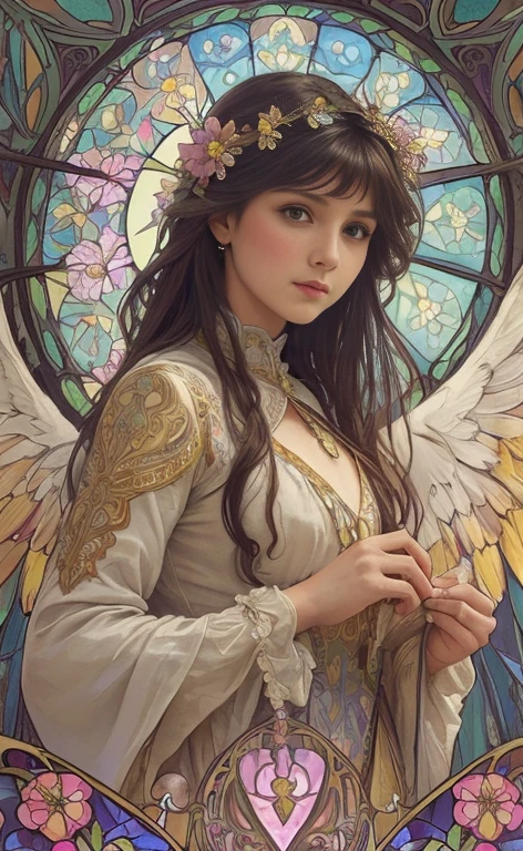 (best quality:1.2,vetorial art:1.1,vivid colors,Stained glass,beautiful vintage woman,determined face expression,(big open angel wings:1.1),alphonse mucha style,Intricate flowery background,vivid colors,warm tone,soft lighting)