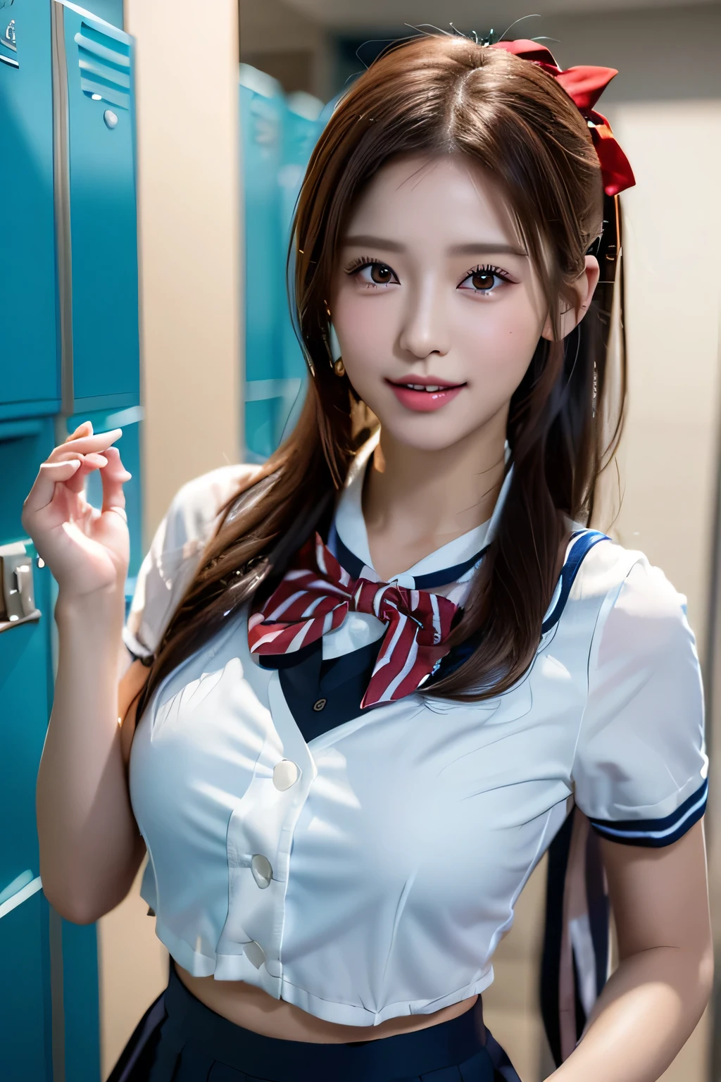 (((locker room))),(((Change clothes in the changing room:1.3))),(((clothes on hangers:1.3))),(((Sailor suit))),(((Pleated skirt revealing skin))),(Dark red bow tie:1.3),Cute face,Extreme close up of face,Shiny light brown and orange striped short hair,Messy ponytail,Cute Smile,Perfect round face,iris,(hairpin、ponytail、Floating Hair、),Large Breasts.Professional Lighting,Cinematic Light,(Tabletop,highest quality,Ultra-high resolution output images,) ,(8K quality,),(Ocean Art 2.0 Mode:1.3),(Picture Mode Ultra HD,)