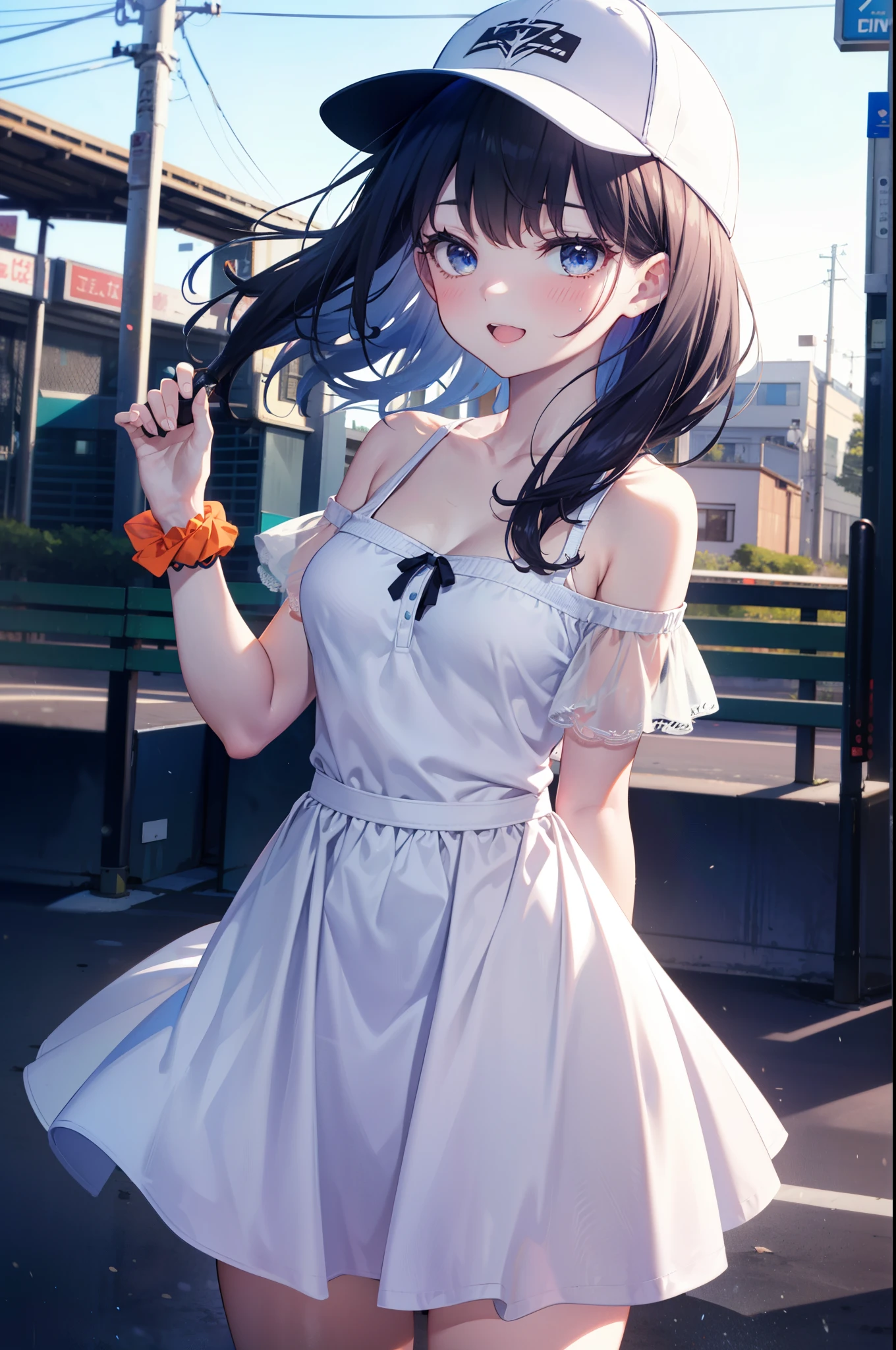 Rikka body, rikka takarada, Black Hair, blue eyes, Long Hair, orange Scrunchie, Scrunchie, wrist Scrunchie,Off-the-shoulder sleeveless dress,Bare shoulders,Bare neck,Bare arms,bare clavicle,Long skirt,sneakers,Baseball hats,happy smile, smile, Open your mouth,whole bodyがイラストに入るように,
break outdoors, Coastal Road,
break looking at viewer,whole body, (Cowboy Shot:1.5),
break (masterpiece:1.2), highest quality, High resolution, unity 8k wallpaper, (figure:0.8), (Beautiful fine details:1.6), Highly detailed face, Perfect lighting, Highly detailed CG, (Perfect hands, Perfect Anatomy),