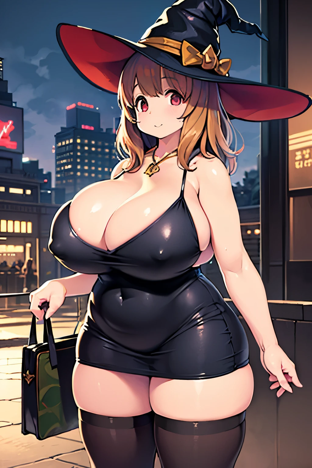 Fantasy,magic power,Realistic Girl Witch、(bbw:1.2)、huge-breasted、Anime style、Round glasseedieval cityscape、Ultramammy