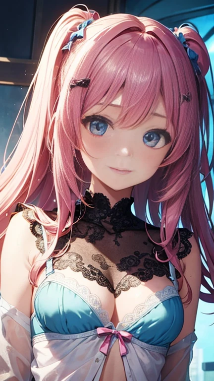 Two girls、Anime girl with pink hair and a ribbon in her hair, Cute realistic portrait, 髪の毛はSilver、Gweitz, Magical Girl Portrait, Cute Characters, Cute art style, Anime Moe Art Style, MapleStory character art, cute portrait, Cute Anime Girl Portrait, Small person portrait, artwork in the style of Gweitz, Splash Art 、Transparent blouse、Light blue lace bra、See-through、sexy lace top、I'm not wearing a skirt)、Silver、Long twin tails、bird、Wind、Thick thigharried Woman