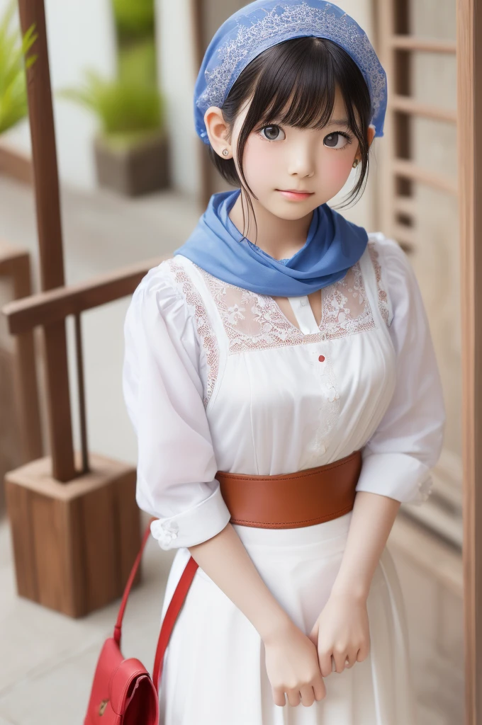 ((sfw: 1.4)), (sfw,She is wearing a long white embroidered skirt, a red blouse with lace, a white apron tied around her waist, blue socks, and brown leather shoes.A blue scarf is on her head. Yes, her accessories include necklaces, earrings, and bracelets. short hair, 1 Girl)), Ultra High Resolution, (Realistic: 1.4), RAW Photo, Best Quality, (Photorealistic Stick), Focus, Soft Light, (()), ((Japanese)), (( (young face))), (surface), (depth of field), masterpiece, (realistic), woman, bangs, ((1 girl))