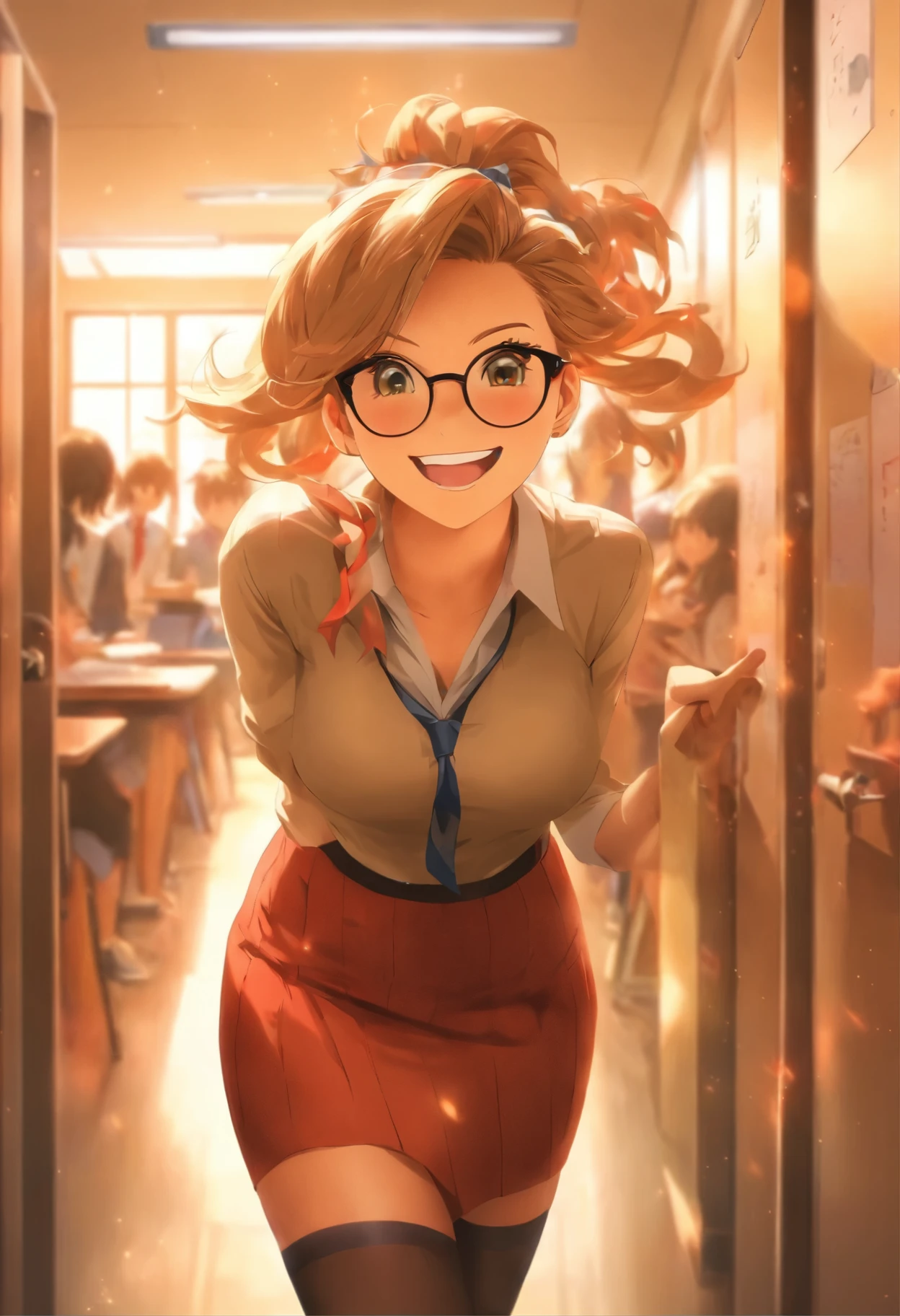 "Best quality, Masterpiece:1.2, absurd, 1 girl, smile, open door, Behind the door, school entrance door, high resolution, ultra detailed, realistic:1.37, vivid colors, studio lighting, bokeh"Sexy teacher in a classroom giving a welcome, with glasses and her hair tied up, very pretty, pointing at the stone and teaching mathematics, tight and fitted to her body, short skirt and cleavage on display, students sitting in their seats, nice teacher how many anal