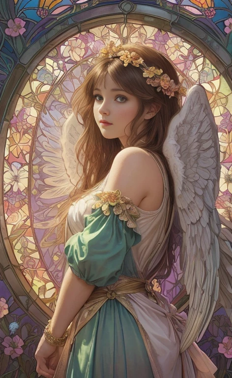 (best quality:1.2,vetorial art:1.1,vivid colors,Stained glass,beautiful vintage angel woman,determined face expression,(big open angel wings:1.1),alphonse mucha style,Intricate flowery background,vivid colors,warm tone,soft lighting)
