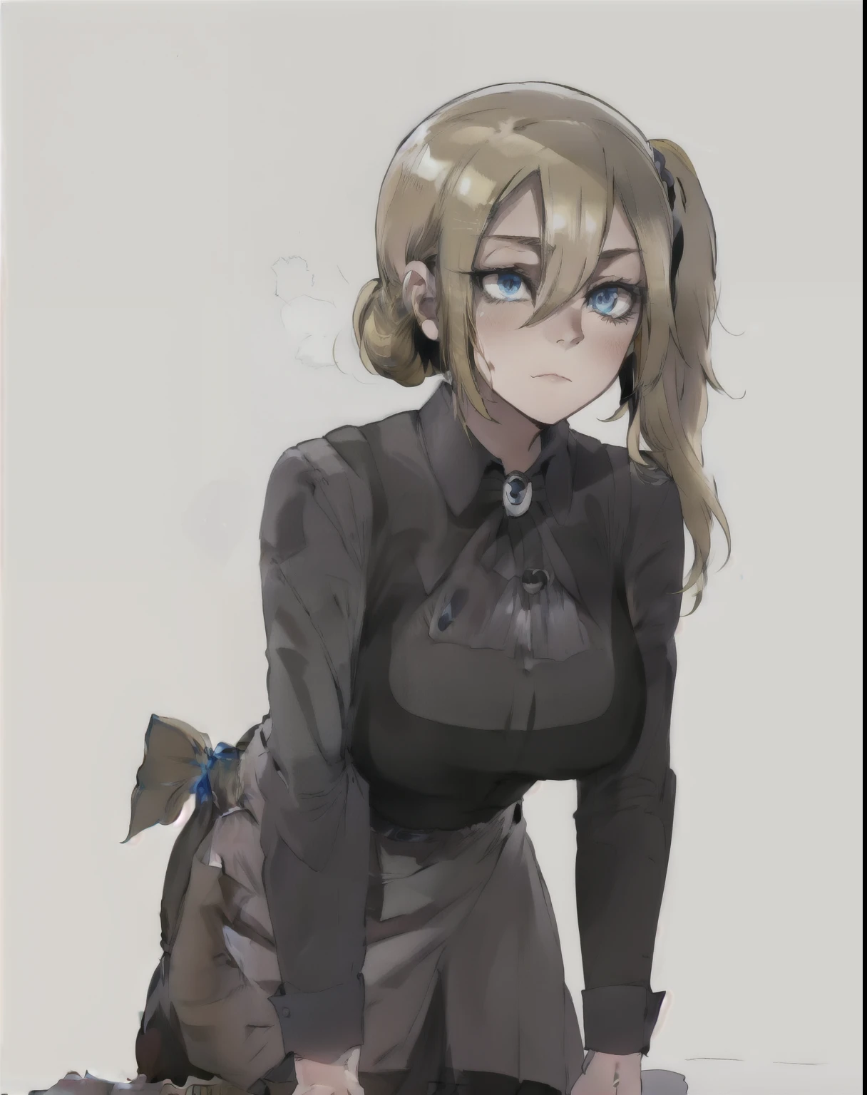 Best quality,highly detIled,masterpiece,ultra-detIled,One,1 girl,(White background:1.2),delicate eyes,Hayasaka_I,Whole body,blue_scrunchy, short hIr,blue_eyes,hIr_between_eyes, Side_ponytIl,(blonde_hIr:1.2),Sidelocks,standing,bored,mId dress,Leaning forward,big breasts,