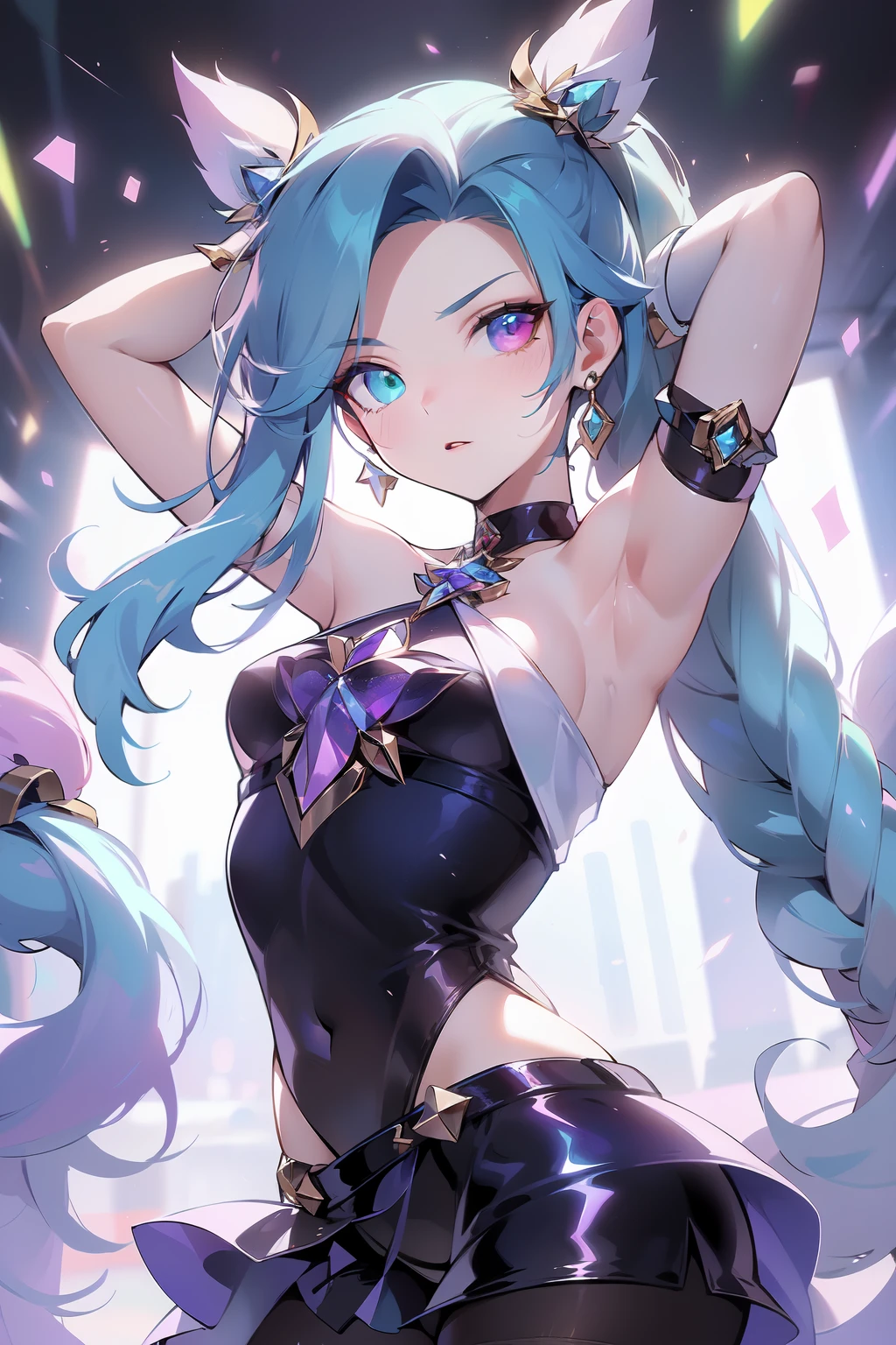 ((mejor calidad)), ((Obra maestra)), (detallado), cara perfecta, cabello morado, heterochromia, cyan y morado