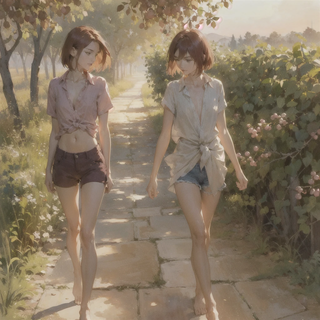 Beautiful slender thin exquisite (nude) girl 16 years old with a perfect face of the southern type with short burgundy hair with delicate beautiful expressive breasts with tender nipples barefoot with bare hips ((with red pubic hairs)) ((in an unbuttoned open pink shirt over his naked body and short burgundy shorts)) walks along a brick road in the middle of a flowering field (with a glass of wine), in a gentle watercolor style, Discreet shades, sfumato, haze, diffused dim light, delicate mint shades, imitation of film photography, (olive and grape groves, Brick Road), (High image quality, Maximum detail), (sunset lighting, Warm evening shades, warm golden and olive sunset light)