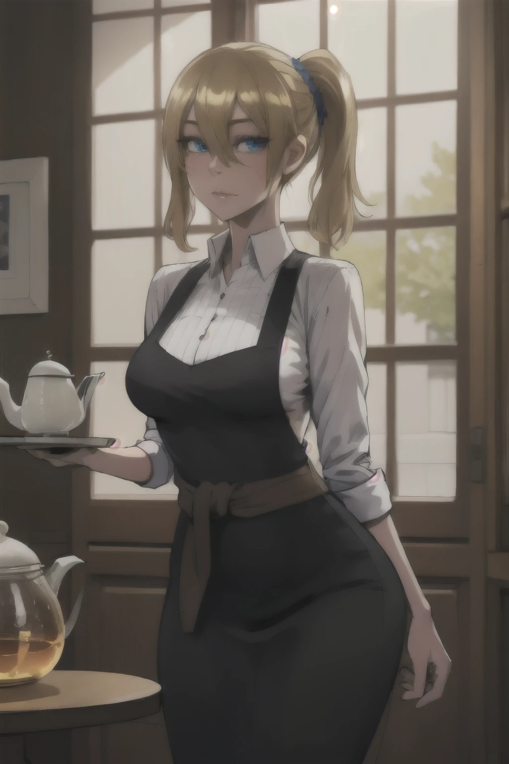 (photorealistic:1.4),8K,(masterpiece), Best quality, top quality, (detailed face:1.5),original,a high resolution, unparalleled masterpiece, ultra realistic 8K, perfect work of art, ((ideal female figure)),mature woman, mother, slim waist, skinny,detailed skin,
1 girl, One, I look at the viewer, (standing:1.2),Blue eyes, Blonde hair ,,apron, White shirt, collared shirt, side tail,bang, scrunchy, crossed legs, hair between eyes,(half-closed eyes:0.6),hair scrunchy, clothes around the waist, blue scrunchy,academy school, A cup,teapot,tray,holding tray,Dining Room,pastor1, aikhayasakav4, ass