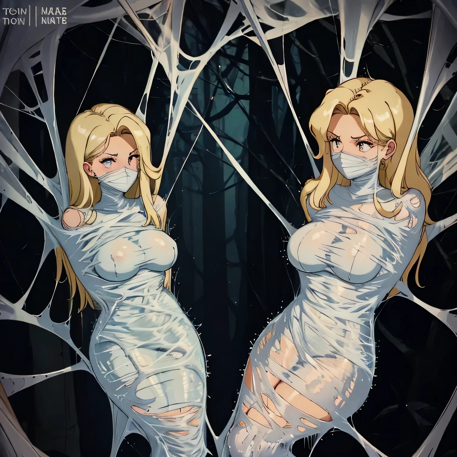 a woman in a tight web bondage, cocooned, struggle in the web