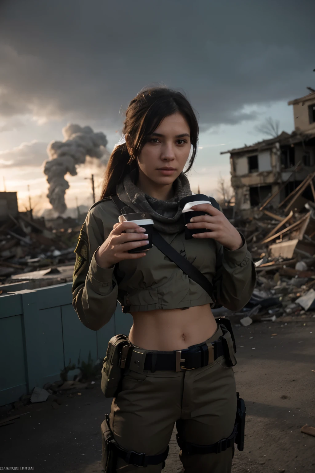 call of duty warzone soldier holding coffee cup in one hand and in the other a gun with several destroyed houses in the background in 1280 x 720 resolution