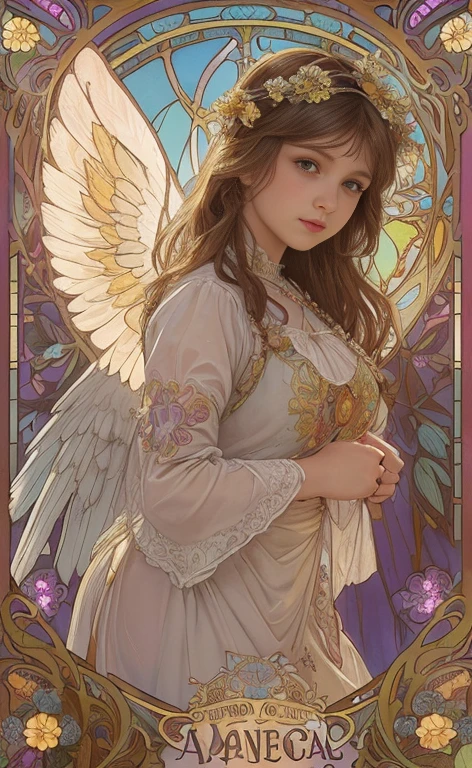 (best quality:1.2,vetorial art:1.1,vivid colors,Stained glass,beautiful vintage angel woman with big open wings:1.1),determined face expression,corpo de frente para o observador,alphonse mucha style,Intricate flowery background,vivid colors,warm tone,soft lighting)