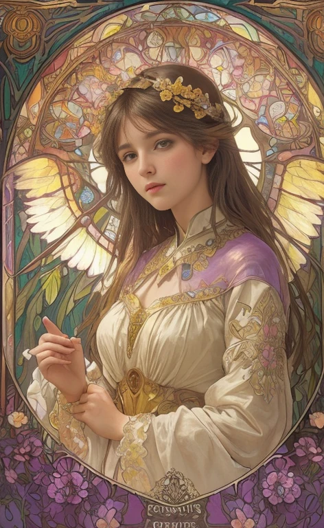 (best quality:1.2,vetorial art:1.1,vivid colors,Stained glass,beautiful vintage angel woman,determined face expression,(big open angel wings:1.1),de frente para o observador,alphonse mucha style,Intricate flowery background,vivid colors,warm tone,soft lighting)