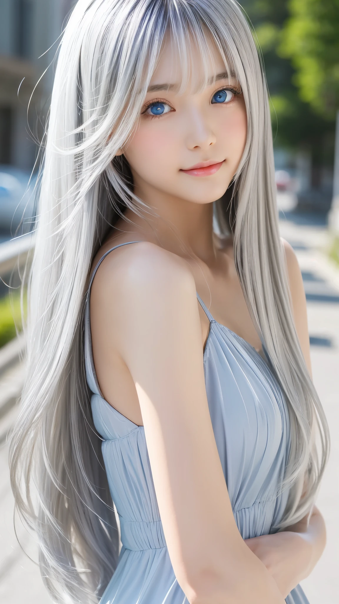 Shining, clear, white skin、Her windblown silver hair hides her beautiful face.、huge、y beautiful face of 28 years old、Beautiful straight hair that stands out、growing up, Sparkling light blue eyes、Sexong silky bangs covering the eyes, Sexy yg woman with super long hair hiding her sexy faceining silver hair、(((Sexy Woman))