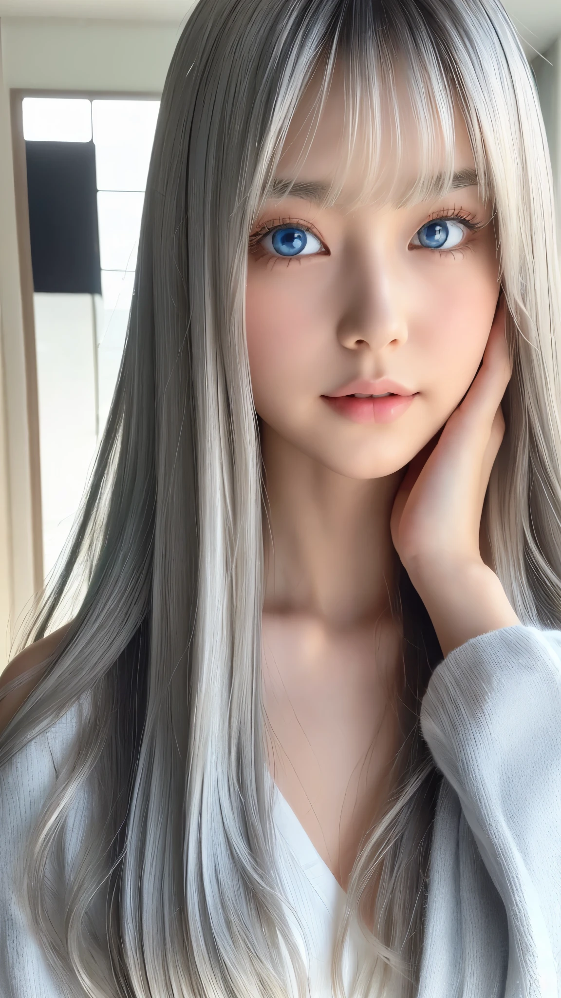 Shining, clear, white skin、Her windblown silver hair hides her beautiful face.、huge、Sexy beautiful face of 28 years old、Beautiful straight hair that stands out、growing up, Sparkling light blue eyes、Sexy long silky bangs covering the eyes, Sexy young woman with super long hair hiding her sexy face、Shining silver hair、(((Sexy Woman)))