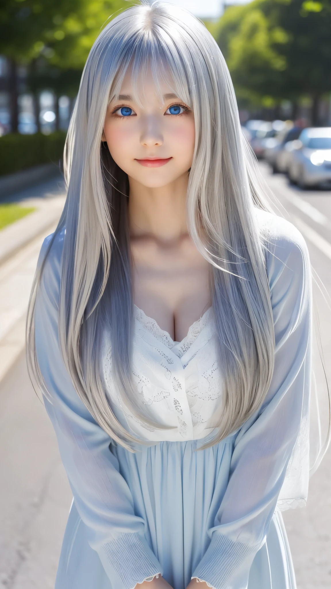 Shining, clear, white skin、Her windblown silver hair hides her beautiful face.、huge、Sexy beautiful face of 28 years old、Beautiful straight hair that stands out、growing up, Sparkling light blue eyes、Sexy long silky bangs covering the eyes, Sexy young woman with super long hair hiding her sexy face、Shining silver hair、(((Sexy Woman)))