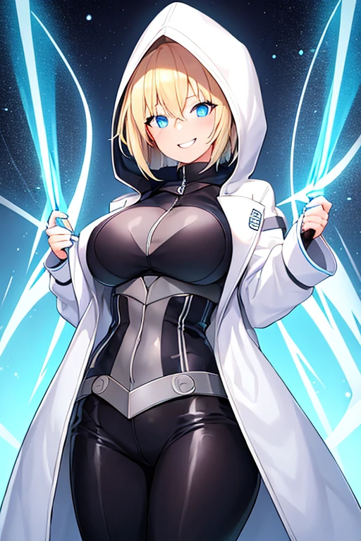 1girl, blonde hair, blue eyes, very short hair, hood up, hoodie, jacket, white jacket, hooded jacket, glowing eyes, black pants, black shirt, shirt, smile, tall, tall female, large breasts, toned, toned female
