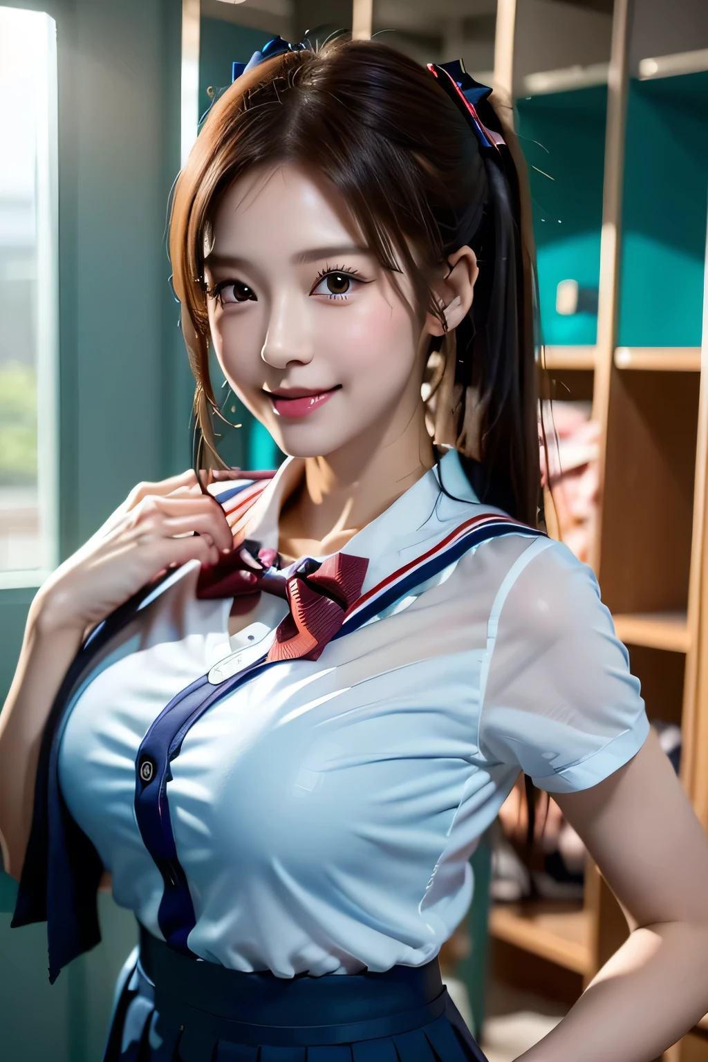 (((locker room))),(((Change clothes in the changing room:1.3))),(((clothes on hangers:1.3))),(((Sailor suit))),(((Pleated skirt revealing skin))),(Dark red bow tie:1.3),Cute face,Extreme close up of face,Shiny light brown and orange striped short hair,Messy ponytail,Cute Smile,Perfect round face,iris,(hairpin、ponytail、Floating Hair、),Large Breasts.Professional Lighting,Cinematic Light,(Tabletop,highest quality,Ultra-high resolution output images,) ,(8K quality,),(Ocean Art 2.0 Mode:1.3),(Picture Mode Ultra HD,)