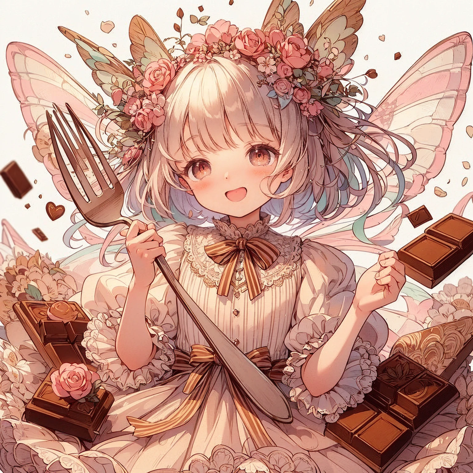 (Exquisite, beautiful, Very detailed, masterpiece, High resolution,high quality,High resolution),(Well-formed face,Soft and thin lines: 1.2, beautiful, Delicate and vivid illustrations with a mature and clear feel), Lots of beautiful and delicious looking chocolates,A chocolate-winged fairy is floating in the air holding a large silver fork with a happy smile on his face,A ball gown dress with a chocolate motif, lace, frills and ribbons, and a fluffy, deep brown base with white and black tones.,Chocolate Tiara,necklace,Earrings,bracelet,Chocolate fairy wings,(Short eyebrows,Pale pink blush, Plump pink lips,beautiful瞳,Quite large and fluffy bust,Open chest,Fair skin, Good style,Knee-high with lace,),happy,Smiling,Melted chocolate,Chocolate cake,Chocolate truffle,Bar of chocolate,Pocky,chocolate cookies,Bright colors,Eye-catching colors,Dynamic Angles,Dream Cute,