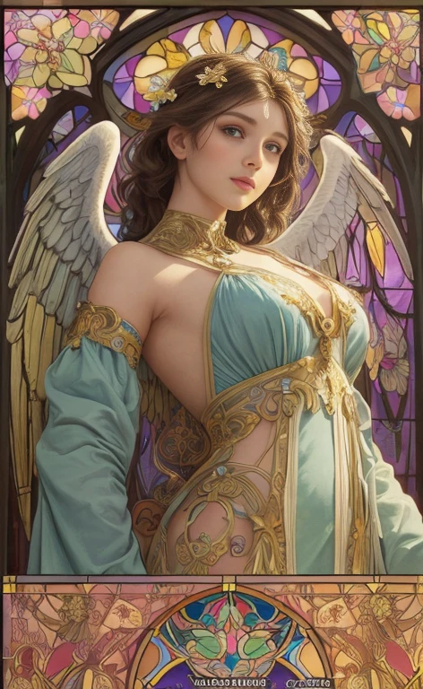 (best quality:1.2,vetorial art:1.1,vivid colors,Stained glass,beautiful vintage angel woman with big open wings:1.1),determined face expression,corpo de frente para o observador,alphonse mucha style,Intricate flowery background,vivid colors,warm tone,soft lighting)