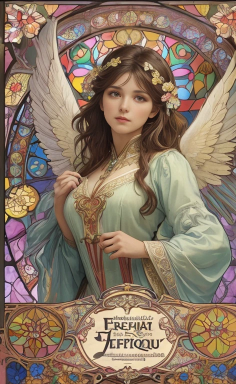 (best quality:1.2,vetorial art:1.1,vivid colors,Stained glass,beautiful vintage angel woman with big open wings:1.1),determined face expression,corpo de frente para o observador,alphonse mucha style,Intricate flowery background,vivid colors,warm tone,soft lighting)