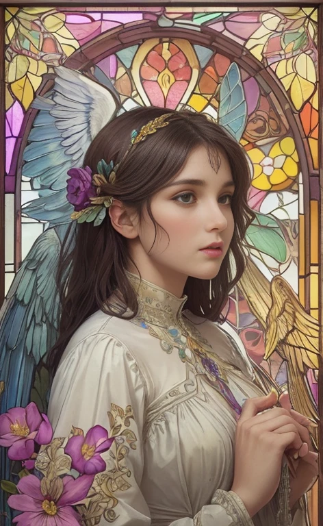 (best quality:1.2,vetorial art:1.1,vivid colors,Stained glass,beautiful vintage angel woman with big open wings:1.1),determined face expression,corpo de frente para o observador,alphonse mucha style,Intricate flowery background,vivid colors,warm tone,soft lighting)