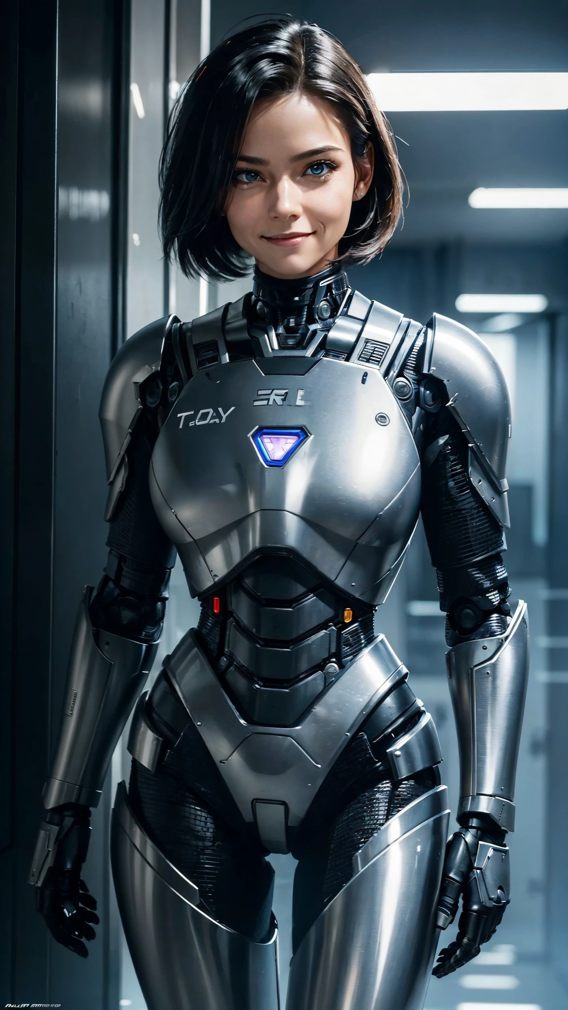 ((TOTALLY ALONE)),a female version of Robocop, totally identical, incredibly realistic, classic armor details with some innovations, (always repeat the same face), (always repeat the same appearance), (always repeat the same proportions), (always repeat the same clothes), looking at the camera, completely alone, always shown full body, happy smile