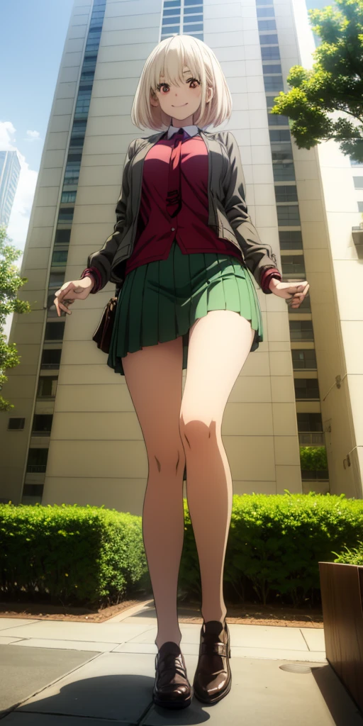 (Full body, view from below, cowboy shot, looking at viewer, masterpiece, best quality, ultra detailed, immaculate:1.2) Chisato Nishikigi from Lycoris Recoil, 30 y.o. woman, red eyes, short blonde hair, posing for photo, seductive smile, grey jacket, red necktie, green skirt, Sakura tree, building