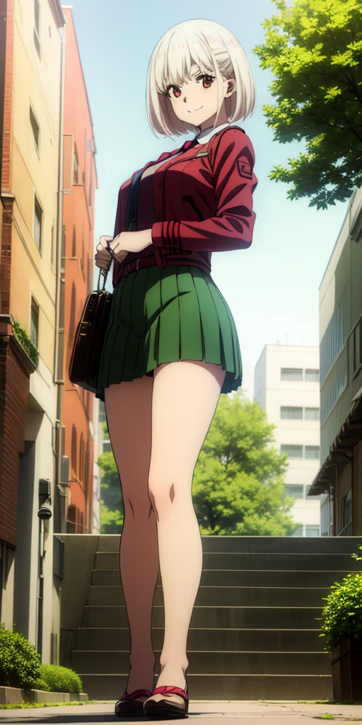 (Full body, view from below, cowboy shot, looking at viewer, masterpiece, best quality, ultra detailed, immaculate:1.2) Chisato Nishikigi from Lycoris Recoil, 30 y.o. woman, red eyes, short blonde hair, posing for photo, seductive smile, grey jacket, red necktie, green skirt, Sakura tree, building